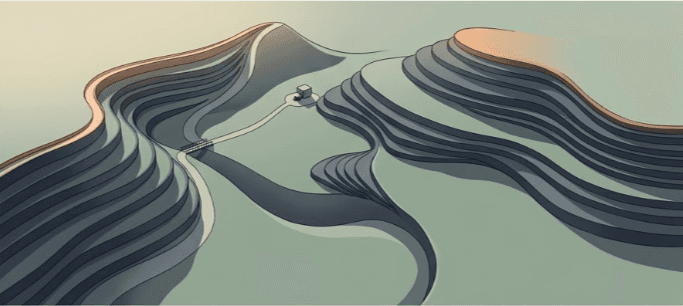 Abstract terraced landscape with several slopes meeting at a single path and bridge, representing different AI deployment routes crossing one governance layer