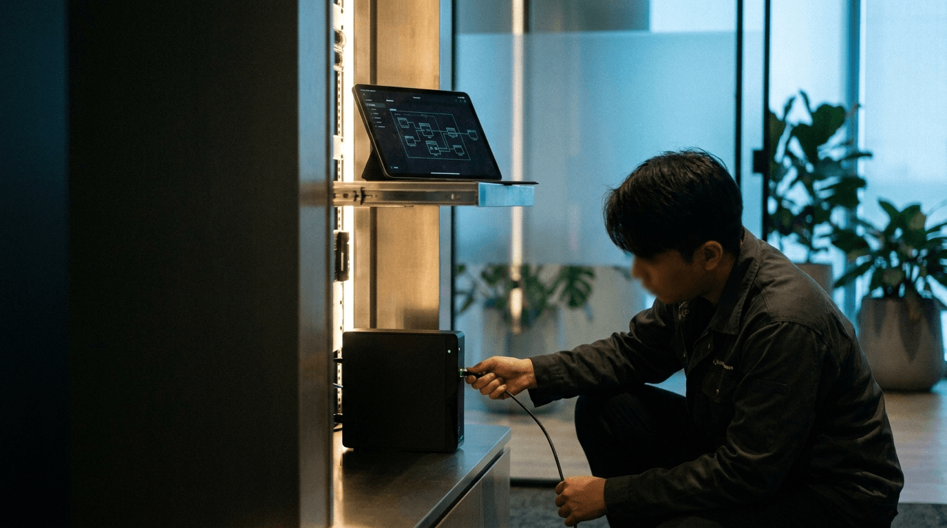 Illustrative render of an engineer connecting a compact AI compute node on an office shelf, with a workflow diagram on a tablet above it